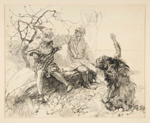 Caliban, Stephano a Trinculo (Ariel invisible), ilustrace pro dějství II, scéna ii, Bouře od Edwin Austin Abbey