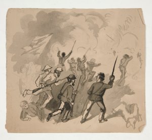 bitevní scéna občanské války (recto); Neidentifikovaný obrázek muže v lese (verso) od Edwin Austin Abbey