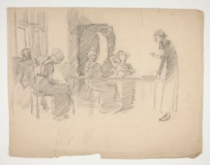 Raná studie pro Stony Ground 1884, interiér s postavami od Edwin Austin Abbey