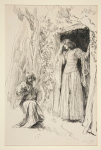Ferdinand Meets Miranda, ilustrace k dějství III, Scéna i, Bouře od Edwin Austin Abbey