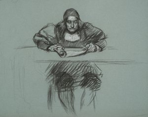 Figura pro proces s královnou Katherine. úředník u stolu od Edwin Austin Abbey