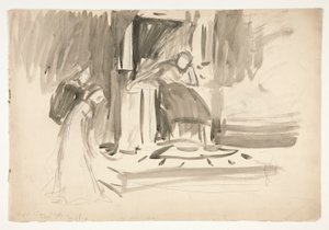 Postava na trůnu, po stranách dvě postavy, skica pro neidentifikovanou Shakespearovu hru od Edwin Austin Abbey