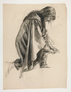 Figurální studie pro sira Lancelota a sira Borse vybavujícího Galahada jeho ostruhami (?), z The Quest of the Holy Grail (druhý ze série patnácti obrazů pro Boston Public Library, dokončený v roce 1901) od Edwin Austin Abbey