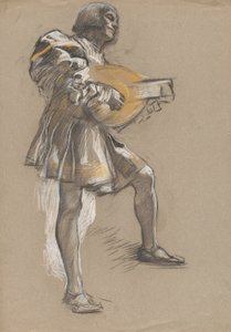Postava s mandolínou ve středověkém kostýmu. od Edwin Austin Abbey