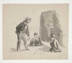 Čtyři chlapci hrající kuličky (recto); Neidentifikovaný obrázek chlapce u stojanu v interiéru (verze) od Edwin Austin Abbey