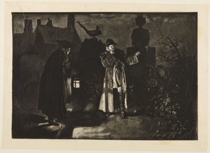 Ilustrace ke Goldsmithově „She Stoops to Conquer“: „Mýlím se, nebo jsem slyšel hlasy“ od Edwin Austin Abbey