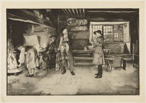 Ilustrace ke Goldsmithově hře She Stoops to Conquer: „Bez urážky, ale otázka za otázku je přece jen spravedlivá, víte“ od Edwin Austin Abbey