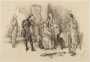 Ilustrace ke Goldsmithově hře She Stoops to Conquer: „Bylo správné, pane, pomáhat udělat ze mě směšnou osobu?“ od Edwin Austin Abbey