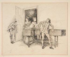 Nan and Piano, ilustrace pro Olivera Goldsmitha od Edwin Austin Abbey