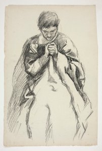 Postava v rouchu, modlí se: studie série nástěnných maleb The Quest of the Holy Grail v Boston Public Library od Edwin Austin Abbey