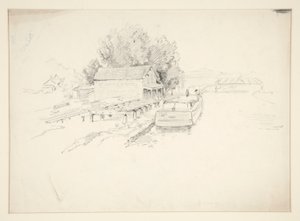 Náčrt mola s rybářskou lodí a obchodem v přístavu od Edwin Austin Abbey