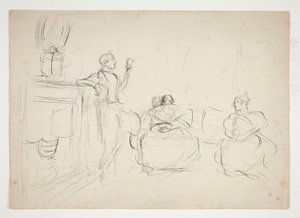 Náčrt interiéru: muž čte nahlas, ženy pletou - neidentifikovaný obrázek od Edwin Austin Abbey