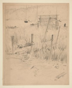 Náčrt starého doku, kolem kterého roste plevel od Edwin Austin Abbey