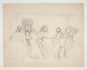 Náčrt figurek kolem stolu - neidentifikovaná ilustrace pro hru (?) od Edwin Austin Abbey
