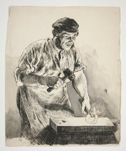 Studie kováře, buchar - nezjištěná ilustrace od Edwin Austin Abbey