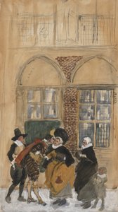 Studie figurální scény v nizozemském kostýmu 17. století, možná New Amsterdam od Edwin Austin Abbey