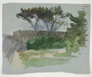Studie krajiny se stromy a kamennou zdí od Edwin Austin Abbey