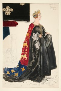 Královna (v černém), skica kostýmu pro Henryho Irvinga od Edwin Austin Abbey