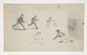 Tři studie (muži s koňmi, studie hlavy) (recto); Šest studií běžeckých figur, studie zvonice (verze) od Edwin Austin Abbey