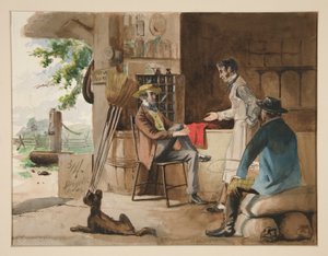 Tři muži v obchodě se suchým zbožím - venkovský obchod, Dolbyville od Edwin Austin Abbey