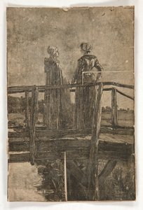 Dřevoryt bez názvu od E.A. Opatství (?) dvou dam na dřevěné lávce - ilustrace pro Williama Blacka od Edwin Austin Abbey