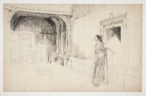 Žena a pes v interiéru - (neidentifikovaná ilustrace pro hru?) od Edwin Austin Abbey