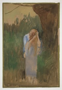 Žena v krajině, česající si dlouhé blond vlasy - (neidentifikovaná ilustrace) od Edwin Austin Abbey