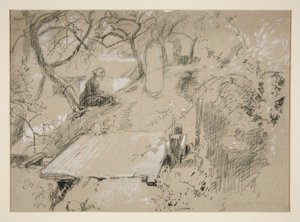 Žena sedící na lavičce v zahradě nebo veřejném parku - neidentifikovaný obrázek od Edwin Austin Abbey