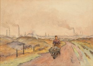 Industriální scéna, muž s kolečkem (akvarel s dřevěným uhlím na papíře)