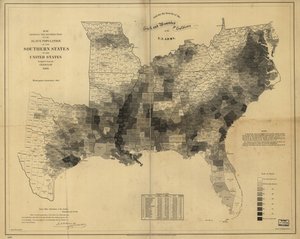 Mapa znázorňující rozložení populace otroků v jižních státech Spojených států, sestavená ze sčítání lidu z roku 1860 od Edwin Hergesheimer