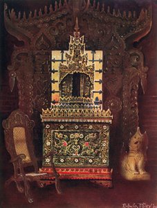 Asijský nábytek ze sbírky lorda Curzona z Kedlestonu, G.C.S.I., D.C.L. atd. Barmské vyřezávané a pozlacené dveře z Mandalay. Buddhistická krabička na rukopis (Poongyi) a svatyně (Sadaik) ze dřeva E