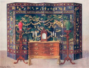 Curved Commode Table--Chippendale pod francouzským vlivem. Vyřezávaná a vyvýšená lakovaná osmisložková obrazovka – čínská od Edwin John Foley