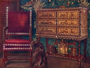 Skupina kontinentálního nábytku z konce 16. století: Portugalský kabinet z kaštanu, vykládaný slonovinou, ebenem a barevným dřevem, spirálově soustružené křeslo