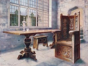 Dubový kozlíkový stůl. Židle „Hostitelů dolů“. od Edwin John Foley