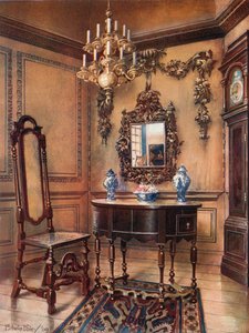 Obložení, s Grinling Gibbon Carvings. Zrcadlový rám, ořechový stůl, William a Mary. Walnut Chair, Charles Wesley