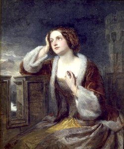 Catherine Seyton při pohledu z cimbuří u jezera Loch Leven, kolem roku 1840 (olej na plátně) od Edwin Landseer