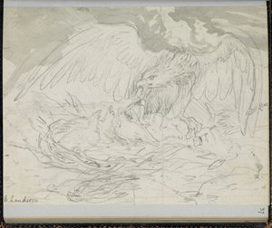F. 37: Dravec krmící kuřata, z „Knihy skic se scénami z příběhů Charlese Dickense“ (tužka na papíře) od Edwin Landseer