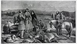 Královna Viktorie přistává u jezera Loch Muick, po obraze z roku 1850 od Edwin Landseer