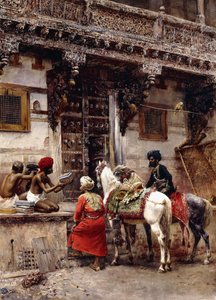 Řemeslník prodávající pouzdra v budově z teakového dřeva, Ahmedabad, kolem roku 1885 od Edwin Lord Weeks
