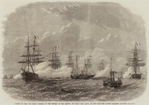 Otevření Suezského průplavu, příjezd francouzské císařovny, na palubě Aigle, v Port Said, britská eskadra zdraví