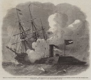 Občanská válka v Americe, námořní angažmá v Hampton Roads, konfederační železný parník Merrimac (nebo Virginie) vjíždějící do federální šalupy Cumberland od Edwin Weedon