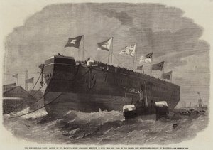 Nová železná flotila, vypuštění parní lodi Minotaur 50 Guns Jejího Veličenstva Screw z loděnice Yard of the Thames Iron Shipbuilding Company v Blackwallu