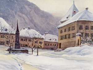 Rýn: Chur, Coire, Dómské náměstí (barevná litografie)