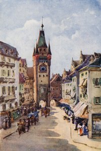 Rýn: Stará věž, Freiburg-im-Breisgau (barevná litografie) od Effie Jardine