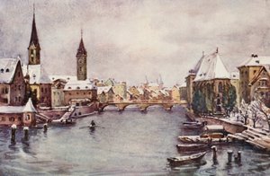 Rýn: Řeka u Curychu, zima (barevná litografie) od Effie Jardine