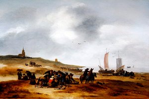 Ryby vystavené k prodeji na pláži v Scheveningen (olej na panelu)
