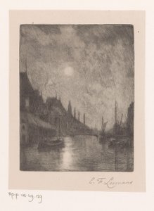 Pohled na řeku ve městě v noci od Egide François Leemans (signed by artist)