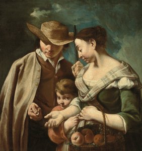 Prodavač ovoce a chlapec s košíkem broskví, hrušek a hroznů v krajině, s mužem držícím zbraň a minci, asi 1705-84 (olej na plátně) od Egidio (attr.to) Dall