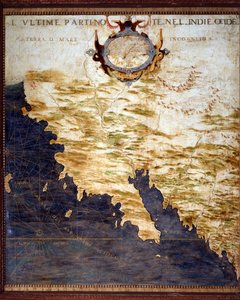 Mapa hranic Západní Indie a neznámých zemí vytvořil Egnazio Danti (1536-1586), matematik, kosmograf a italský architekt. Kolem 1567. Florencie, Palazzo Vecchio, Sala del Mappamondo