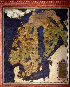 Skandinávie: Norsko, Švédsko, Finsko. Mapu vytvořil Egnazio Danti (1536-1586), matematik, kosmograf a italský architekt. Kolem 1567. Florencie, Palazzo Vecchio, Sala del Mappamondo